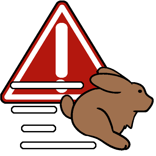  A big red and white hazard triangle with a running rabbit in front of it.